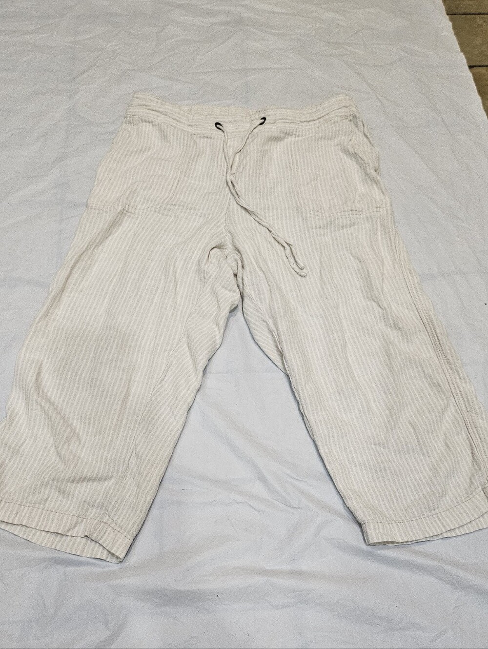 Per Se Striped Linen Capri Pants M Wide Leg Drawstring Elastic